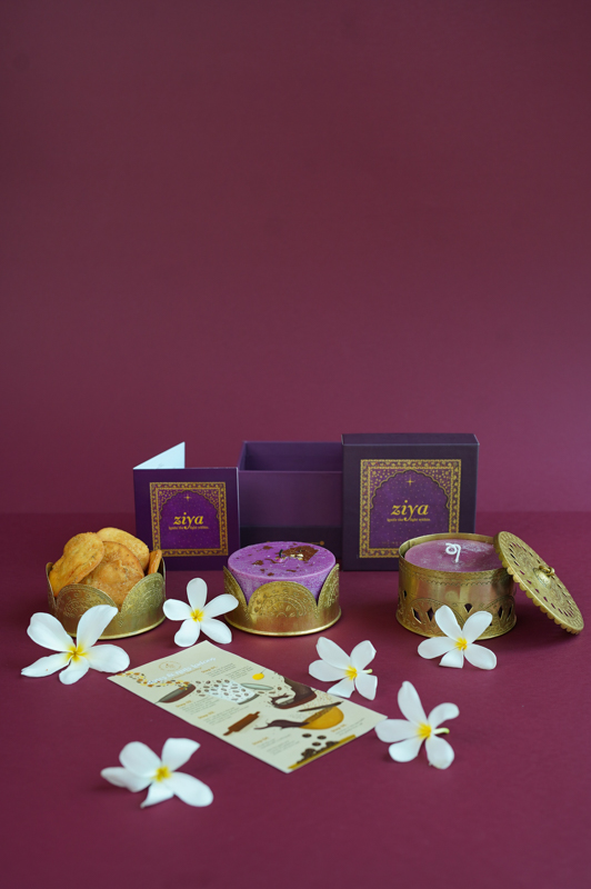 Ziya Gift Box: Vanilla Homemade Candle with gold foil and Handmade Brass Candle Stand with lid