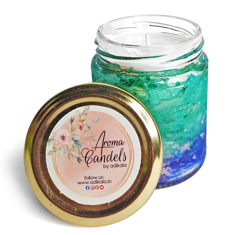 Blue and Green Aroma Candle - Fluid Art Painted Candle Jar